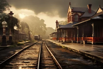 Foto op Canvas A train moves along the tracks as it passes by a bustling train station, An old Victorian-era railway station, AI Generated © Iftikhar alam