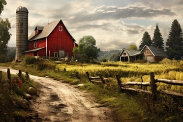 An idyllic scene of a farm with a vibrant red barn, capturing the beauty of rural life, An old-fashioned countryside with rustic barns and rolling farmlands, AI Generated