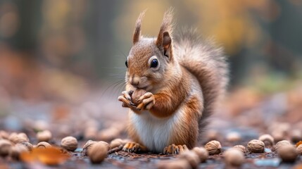 Squirrel eating a walnut in a forest, cute squirrel