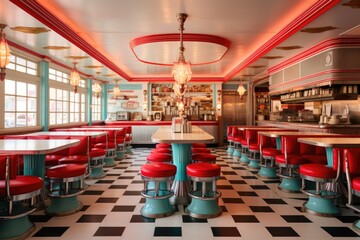 An image of a classic American diner showcasing its checkered floor and red stools, An...
