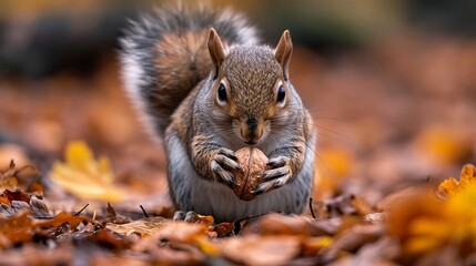Naklejka na ściany i meble Squirrel eating a walnut in a forest, cute squirrel