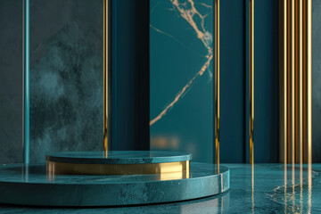 sleek blue and gold geometric podium, luxury and aesthetics, minimalism