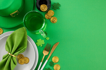 Decorating for a St. Patrick's feast. Top view of plates, cutlery, napkin, leprechaun hat, pint of...