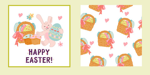 Easter design kit with greeting card template and matching seamless pattern, vector illustration. Easter spring seamless pattern, holiday wrapping and card or banner design.