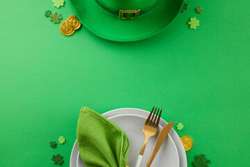 Irish-inspired table decorations. Top view shot of plates, cutlery, napkin, leprechaun hat, coins,...