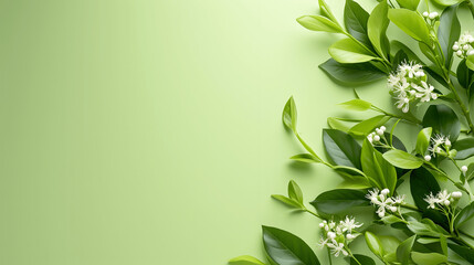Fototapeta na wymiar Spring plants on light green background with space for text