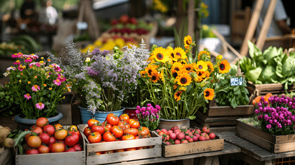 Fototapeta na wymiar Farmer's market with fresh spring produce and flowers