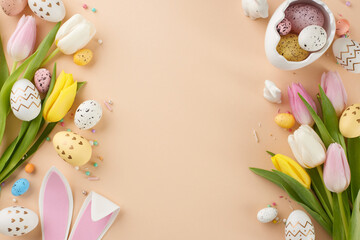 Fototapeta na wymiar Crafting a joyful Easter composition. Top view shot of eggs, egg shaped plate, ceramic bunnies, easter bunny, tulips on beige background with empty space for festive message