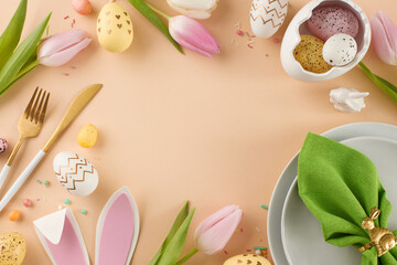 Easter delights grace the dining setting. Top view photo of plates, cutlery, green napkin, painted eggs, fresh tulips, easter bunny ears on beige background with greeting space