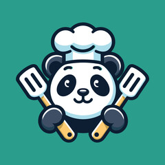 A minimalistic mascot logo of a cheerful panda cub wearing a chef's hat and holding a spatula