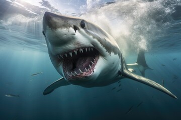 A powerful and fearsome great white shark showcasing its imposing rows of razor-sharp teeth as it cruises through the open waters, An underwater view of a great white shark, AI Generated
