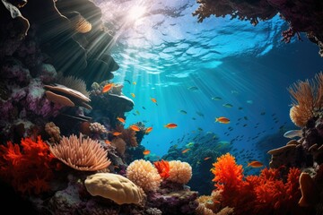 An mesmerizing underwater view of a vibrant coral reef, illuminated by sunlight penetrating the crystal-clear water, An underwater view of a vibrant coral reef teeming with fish, AI Generated