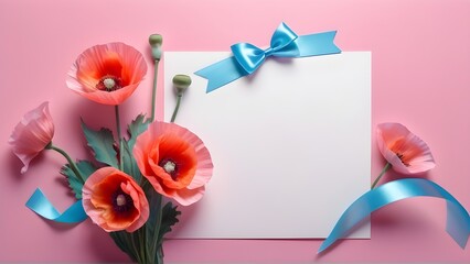 flat lay white postcard with flowers surrounded by on  a pink background, ribbon laying aside, template for congratulations on March 8, Valentine's day, women's Day or birthday Generative AI, card