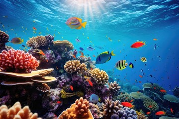 Fototapeta na wymiar Tropical Fish and Coral Reef in Underwater View, An underwater view of a vibrant coral reef teeming with fish, AI Generated