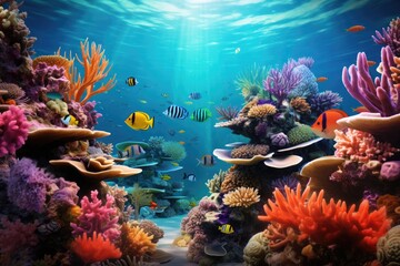 Fototapeta na wymiar An incredible underwater scene showcasing vibrant corals and a variety of tropical fish, An underwater view of a vibrant coral reef teeming with fish, AI Generated