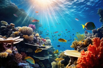 Naklejka na ściany i meble Experience the captivating beauty of a vibrant coral reef teeming with diverse fish species and thriving marine life, An underwater view of a vibrant coral reef teeming with fish, AI Generated