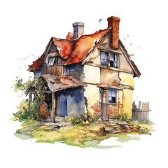 Verlassenes Haus Ruine Aquarell Illustration Geheimnisvolle Altbaukulisse Verfallene Architektur Kunstwerk Wandbild Urbane Exploration Deko