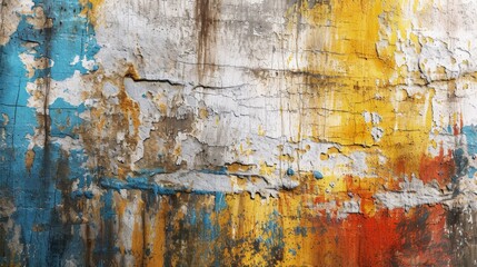 Texture of old rustic wall covered with yellow, blue and orange paint