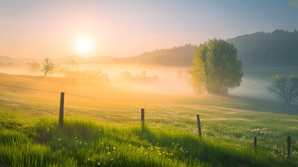 Serene sunrise over misty spring meadow