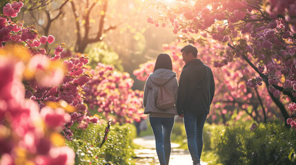 Young couple on spring walk in flower-filled park