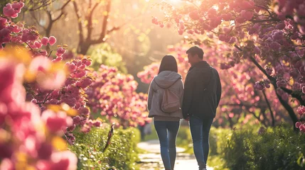Foto op Aluminium Young couple on spring walk in flower-filled park © Matthias