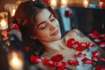 Poster Closeup of beautiful sensual woman relaxing in black vintage style bathtub filled, with red rose petals floating on the surface. Valentin's Day pleasure © paffy