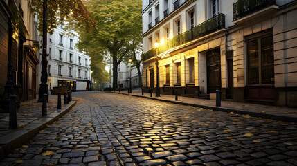 A Charming Street View to the Eiffel Tower at Sunset,,
A Quaint Parisian Street bathed in the Warm Hues of Sunset