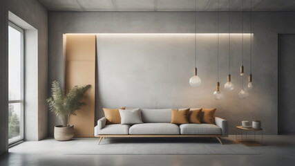  Interior background of room with concrete stucco mockup wall and hanging lamps