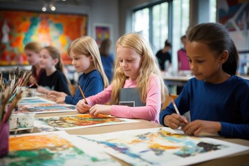 Fototapeta premium Children at Table With Paintings - Creative Expression and Artistic Exploration, Art class in session with children fully engaged in their creativity, AI Generated