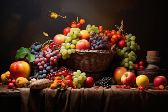 A colorful, realistic still life painting depicting a basket filled with various fruits on a table, Arrangement of organic fruit in a classic still-life style, AI Generated