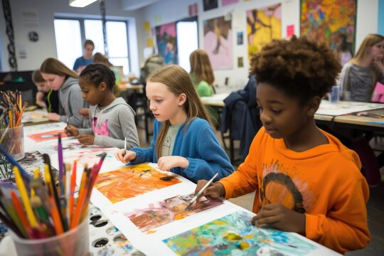 A group of children sits at a table, engrossed in their artistic pursuits, using art supplies, Art class in session with children fully engaged in their creativity, AI Generated
