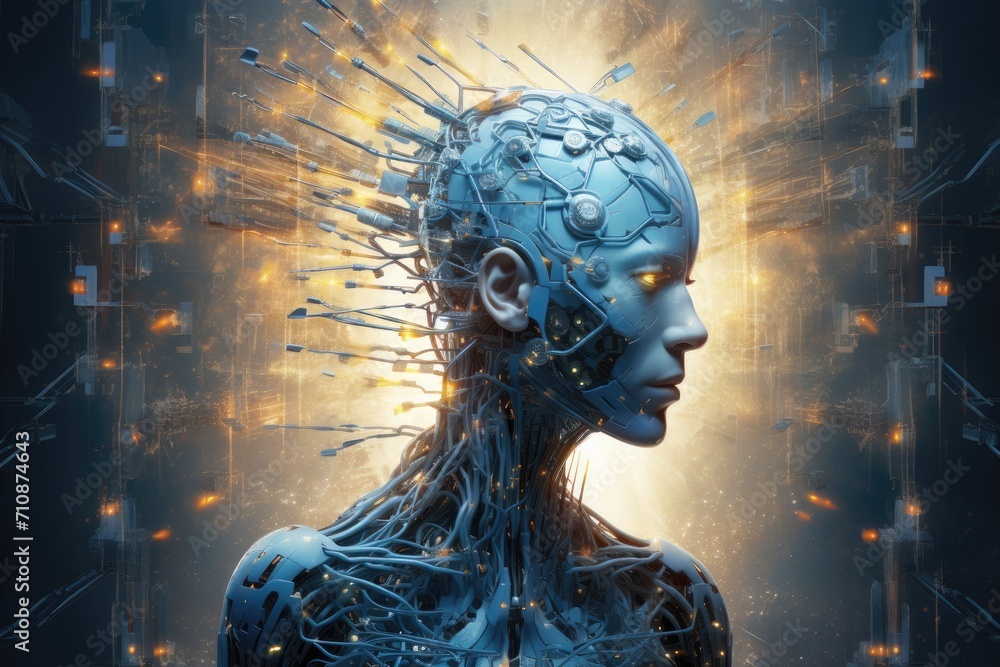 Poster an image of a womans head with numerous wires protruding from it, creating a striking visual impact,