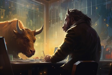A man is seated at a table while a bull stands proudly in front of him, Brainstorming concept with a light bulb and speech bubbles, AI Generated