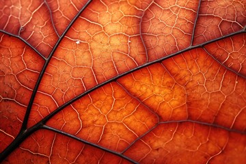 A clear and detailed close-up photograph showcasing the intricate vein pattern of a vibrant red leaf, Autumn leaf veins microscopic view, AI Generated