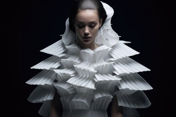 A woman confidently dons a white dress made entirely of paper, creating a unique and eye-catching look, Avant-garde fashion inspired by unusual architectural structures, AI Generated