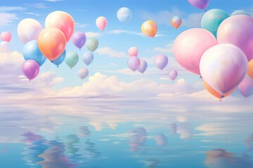 Fototapeta premium A stunning display of brightly colored balloons soaring through the sky, creating a vibrant and cheerful scene, Balloons of various sizes floating in an abstract pastel sky, AI Generated