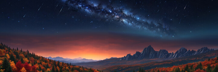Tranquil nighttime mountain landscape with starry sky, sunset and milky way overhead