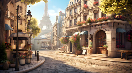 Fototapeta na wymiar A Charming Street View to the Eiffel Tower at Sunset,, A Quaint Parisian Street bathed in the Warm Hues of Sunset