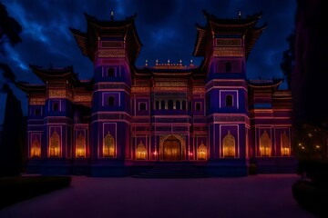 a classic palace illuminated by the warm glow of lanterns and candles