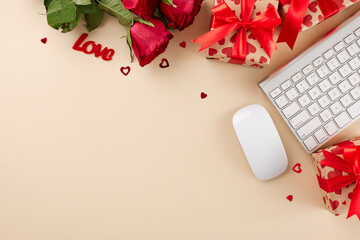 Curating Valentine's day gifts online. Top view shot keyboard, computer mouse, gift boxes, red...