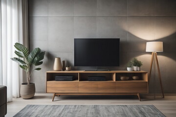 Interior of living room with wooden sideboard over granite wall