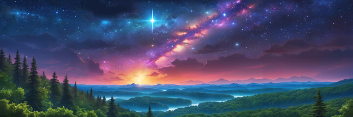 Nightfall beauty: starlit sky, silhouetted trees, and distant mountains on the horizon, a captivating landscape