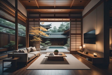Japanese zen style home interior design of modern living room at night - obrazy, fototapety, plakaty