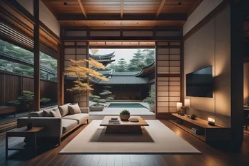 Foto op Canvas Japanese zen style home interior design of modern living room at night © Marko