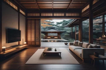  Japanese zen style home interior design of modern living room at night © Marko