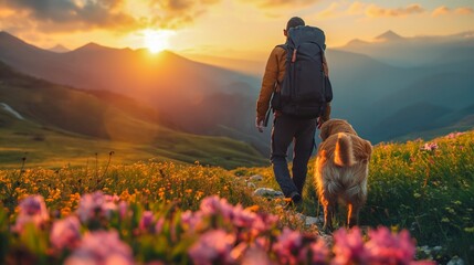 Man with a dog on the background of flowers and mountains at sunset. Generative AI.