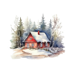 Winterwaldh&uuml;tte Aquarell Gem&uuml;tliches Schneehaus Malerei Winterliche Landschaftsbild Naturverbundene Wandkunst Idyllische Frostdeko