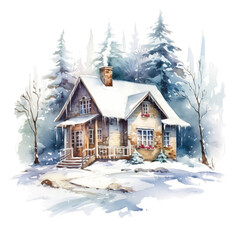 Naklejka premium Winterwaldhütte Aquarell Gemütliches Schneehaus Malerei Winterliche Landschaftsbild Naturverbundene Wandkunst Idyllische Frostdeko