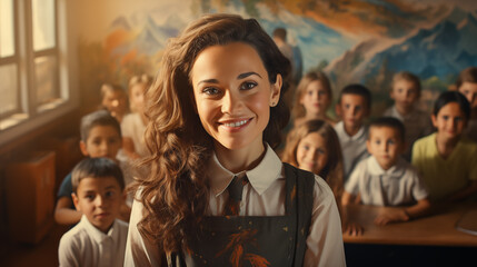 Fototapeta premium Portrait of a smiling young kind teacher standing in the vivid classroom, against the blurred backdrop of children