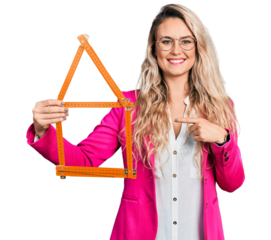 Young blonde woman wearing business style holding build project smiling happy pointing with hand and finger